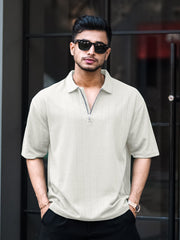Brooklyn Half Zipper Cream Polo Half Sleeve T-Shirt