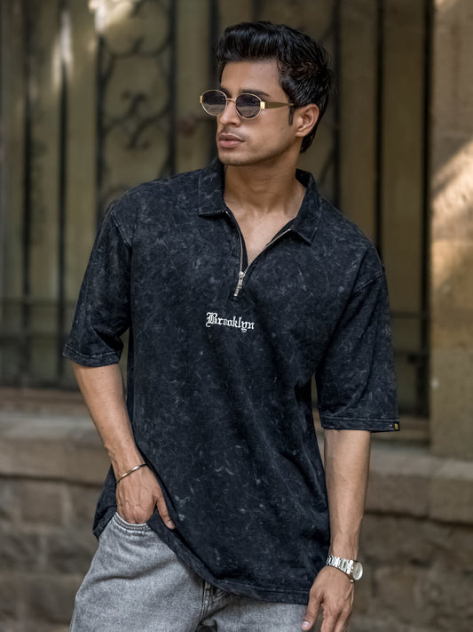 Washed Brooklyn Black Half Sleeve Polo T-Shirt