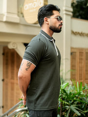 Pointel HalfZipper Olive Half Sleeve Polo T-Shirt