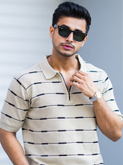 Glitchline Beige Half Sleeve Polo T-Shirt