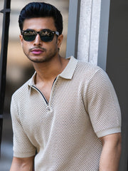 Resort Beige Flatknit Half Sleeve Polo T-Shirt