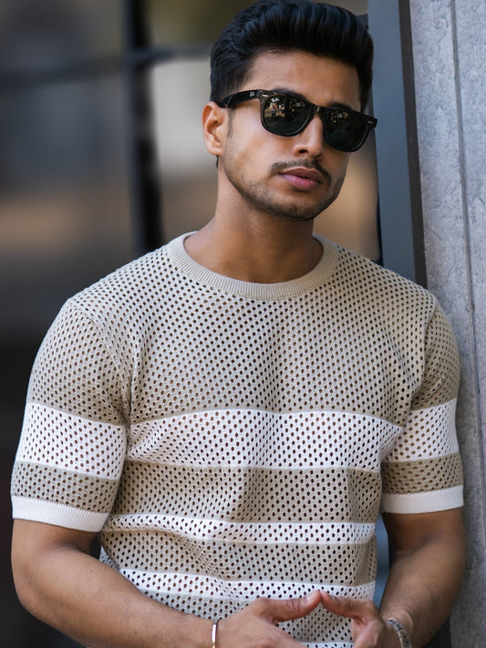 Resort Beige White Flatknit Half Sleeve T-Shirt