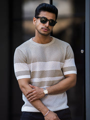 Resort Beige White Flatknit Half Sleeve T-Shirt