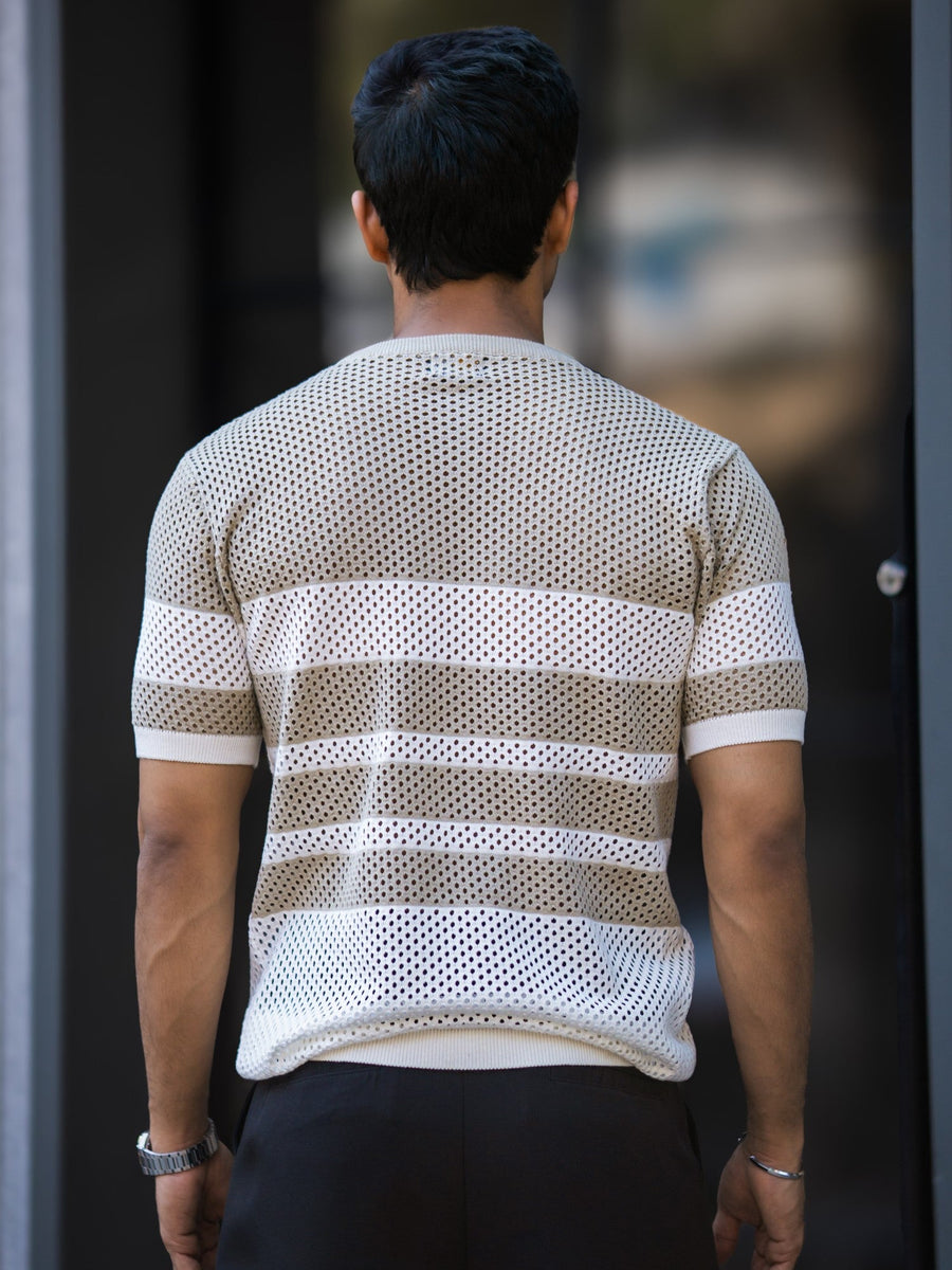 Resort Beige White Flatknit Half Sleeve T-Shirt