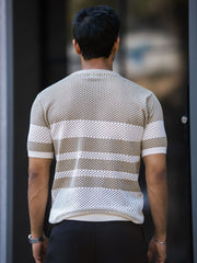 Resort Beige White Flatknit Half Sleeve T-Shirt