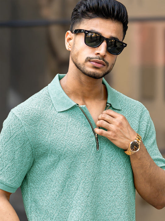 Croshia knit Berly Green Half Zip Half Sleeve Polo T-Shirt