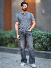 Chess Knit Dark Grey Polo Half Sleeve T-Shirt