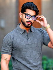 Chess Knit Dark Grey Polo Half Sleeve T-Shirt