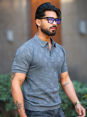 Chess Knit Dark Grey Polo Half Sleeve T-Shirt