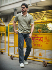 Gridlocked Flatknit Green Half Sleeve T-Shirt