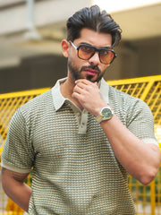 Gridlocked Flatknit Green Half Sleeve T-Shirt