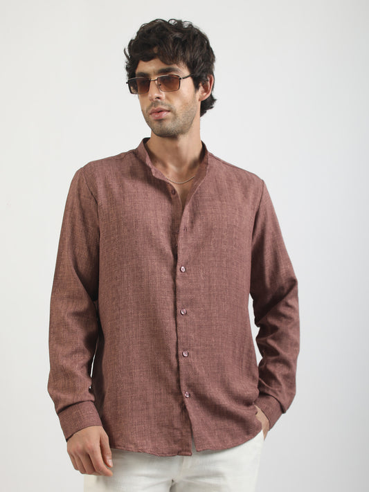 Self Jacquard Brown Full Sleeve Shirt
