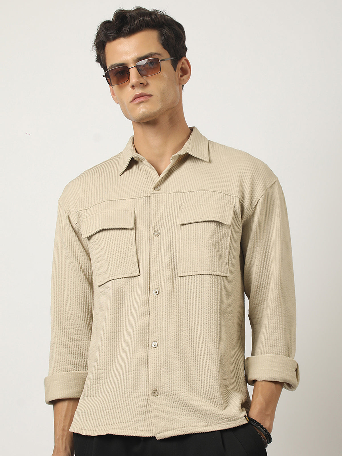 Beige full sleeve elliot knit lycra shirt for men
