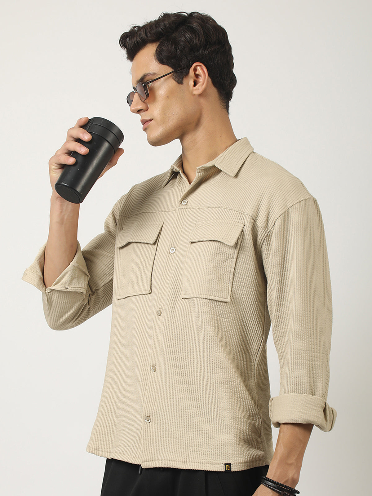 Beige full sleeve elliot knit lycra shirt for men - view 3