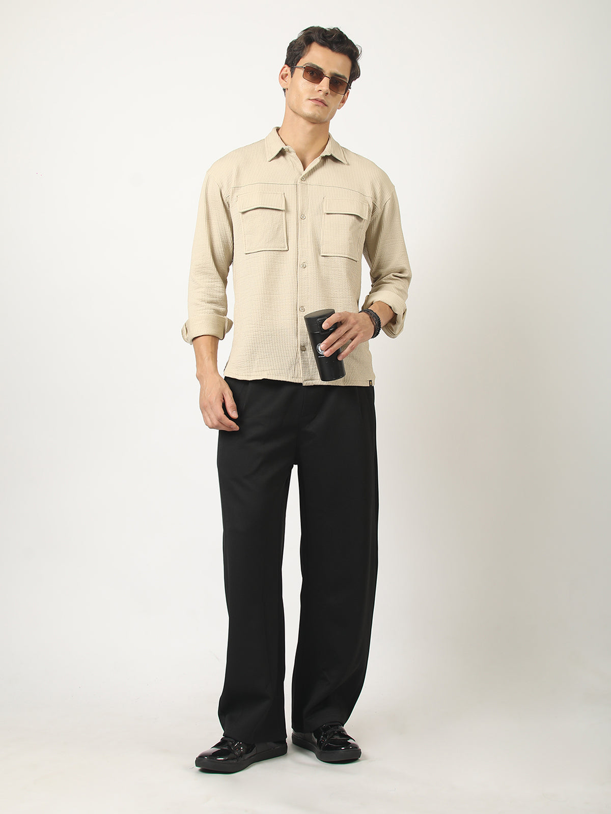 Beige full sleeve elliot knit lycra shirt for men - view 6