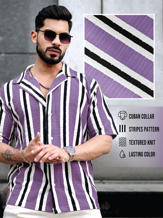 Vertical Jacquard Knit Purple Half Sleeve Shirt