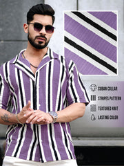 Vertical Jacquard Knit Purple Half Sleeve Shirt