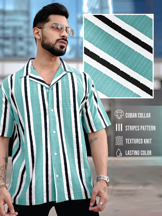 Vertical Jacquard Knit SeaBlue Half Sleeve Shirt