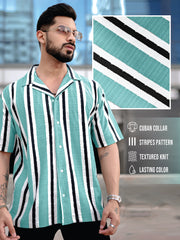 Vertical Jacquard Knit SeaBlue Half Sleeve Shirt