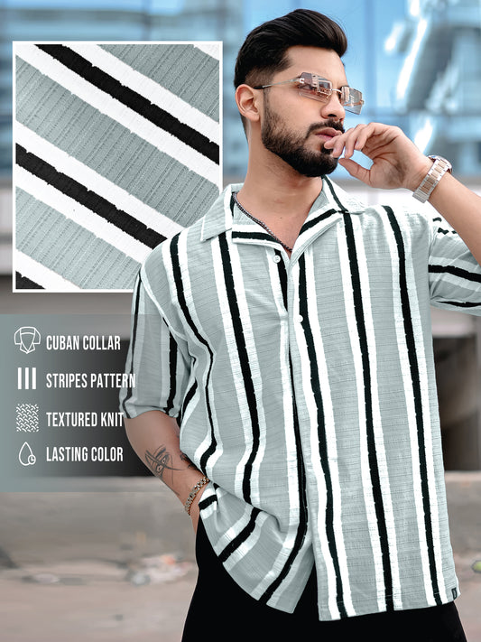 Vertical Jacquard Knit Sliver Grey Half Sleeve Shirt