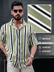 Vertical Jacquard Knit Olive Grey Half Sleeve Shirt
