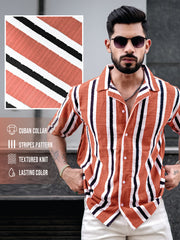 Vertical Jacquard Knit Rust Half Sleeve Shirt