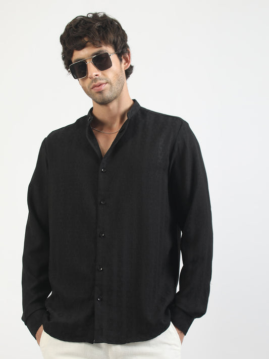 Self Jacquard Black Full Sleeve Shirt