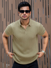 Ribbed Knit Light Green Polo Half Sleeve T-Shirt