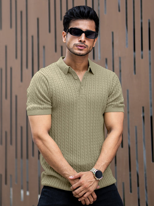 Ribbed Knit Light Green Polo Half Sleeve T-Shirt