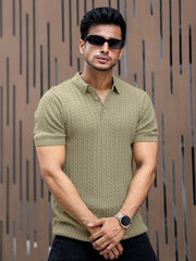 Ribbed Knit Light Green Polo Half Sleeve T-Shirt