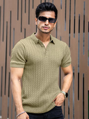 Ribbed Knit Light Green Polo Half Sleeve T-Shirt
