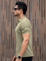 Ribbed Knit Light Green Polo Half Sleeve T-Shirt