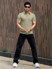 Ribbed Knit Light Green Polo Half Sleeve T-Shirt