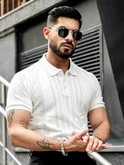 Flat Knit White Slim Polo Half Sleeve T-Shirt