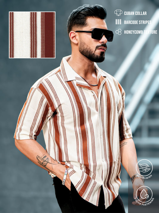Barcode Stripe Brown Half Sleeve Shirt