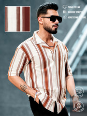 Barcode Stripe Brown Half Sleeve Shirt