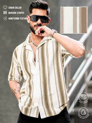 Barcode Stripe Grayish Brown Half Sleeve Shirt