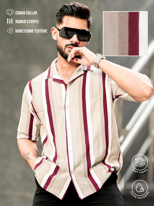 Roman Stripe Tan Half Sleeve Shirt