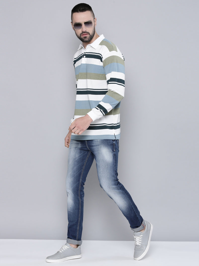 Auto Stripes Beige, Navy and Blue Polo T-Shirt