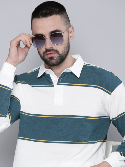 Auto Stripes Beige TealBlue Full Sleeve Polo T-Shirt