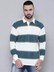 Auto Stripes Beige TealBlue Full Sleeve Polo T-Shirt