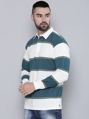 Auto Stripes Beige TealBlue Full Sleeve Polo T-Shirt