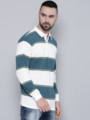 Auto Stripes Beige TealBlue Full Sleeve Polo T-Shirt