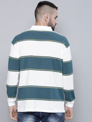 Auto Stripes Beige TealBlue Full Sleeve Polo T-Shirt