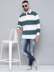 Auto Stripes Beige TealBlue Full Sleeve Polo T-Shirt