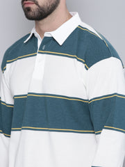 Auto Stripes Beige TealBlue Full Sleeve Polo T-Shirt