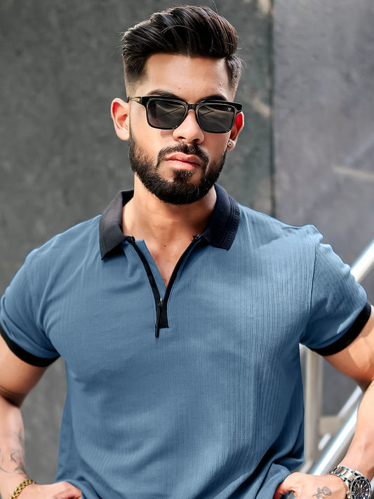 Solid Denim Blue Half Sleeve Half Sleeve Polo T-Shirt