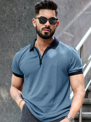 Solid Denim Blue Half Sleeve Half Sleeve Polo T-Shirt