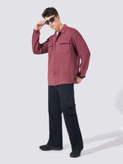 Double Pocket Solid Burgundy Full Sleeve Shacket