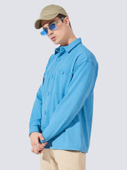 Double Pocket Solid Denim Blue Full Sleeve Shacket